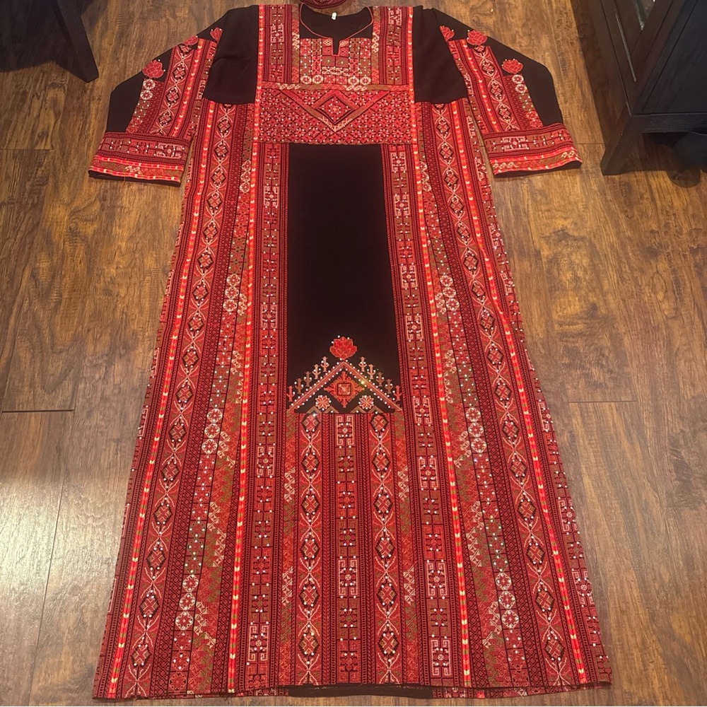 Elegant Red and Gold Embellished Long Sleeve Dress/Thoub